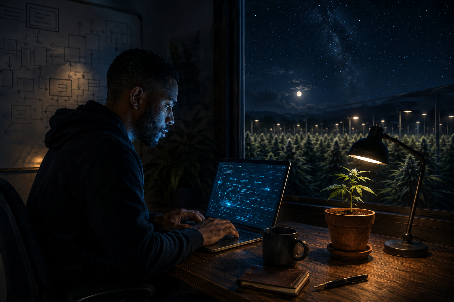 A developer at night, building Seedlink, with a moonlit cannabis cultivation field outside the window